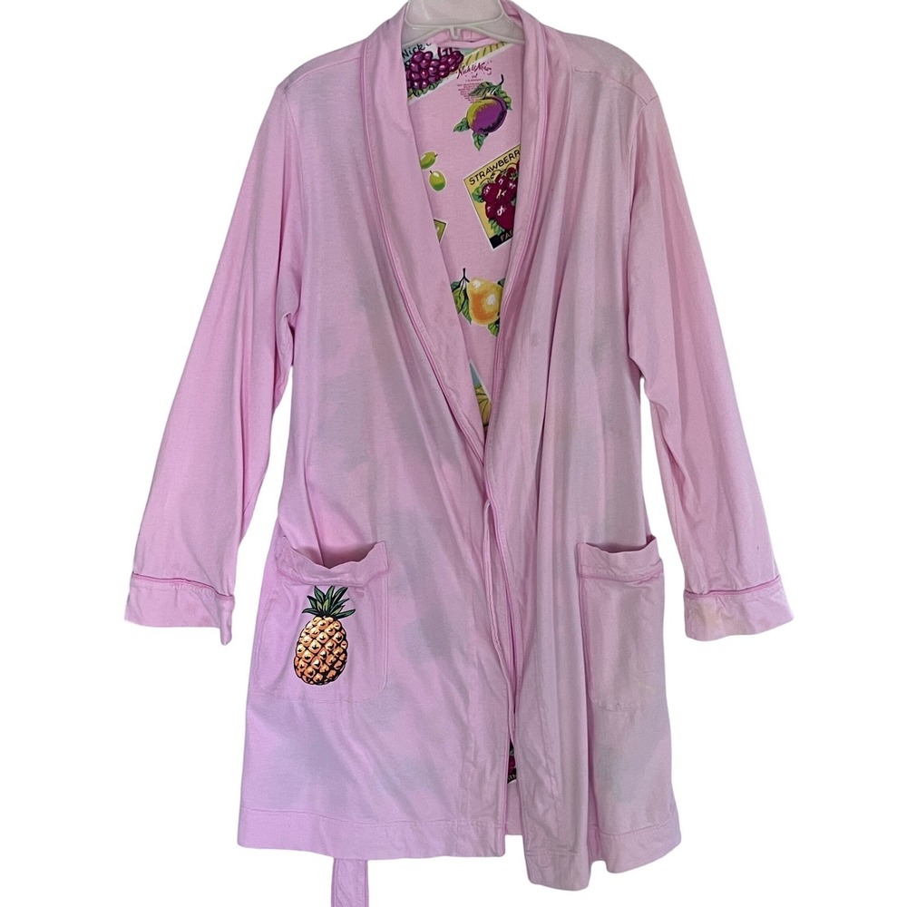 Nick & Nora Robe Pink Fruit Print‎ Pockets Cotton Sleepwear Loungewear Medium